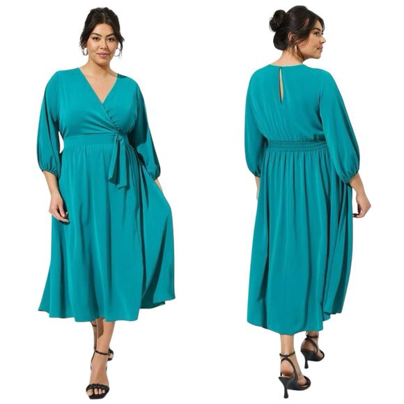 Torrid Dresses & Skirts - Torrid Blue Dress Women's Size 4 4X Tea Length Studio Crepe de Chine Surplice